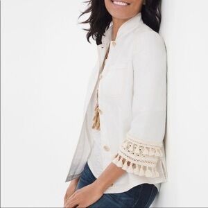 Chico’s Linen/Cotton Jacket with Stitching and Tassel. Size 0